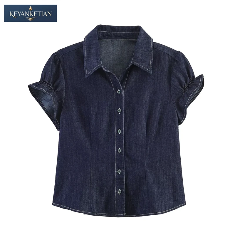 

KEYANKETIAN 2026 Office Chic Dark Denim Crop Shirt Slim Fit Lapel Collar, Ruched Cap Sleeves Contrast Stitch Button Front Blouse