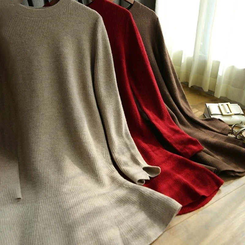 Red Knitted One-piece Dresses for Women Autumn Winter 2025 Loose Women\'s Sweater Knit Dress Korean Fashion Midi Chic and Elegant