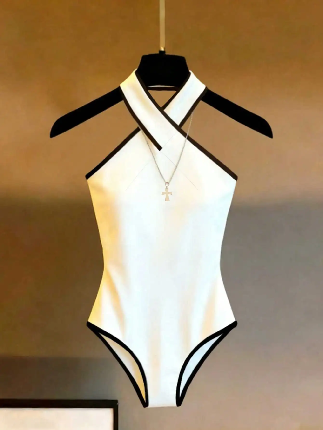 New Women's Halter Cross Contrast Trim Bodysuit, Minimalist, Versatile Sexy Inner, Stretch Fabric, For Beach & Sunbathing