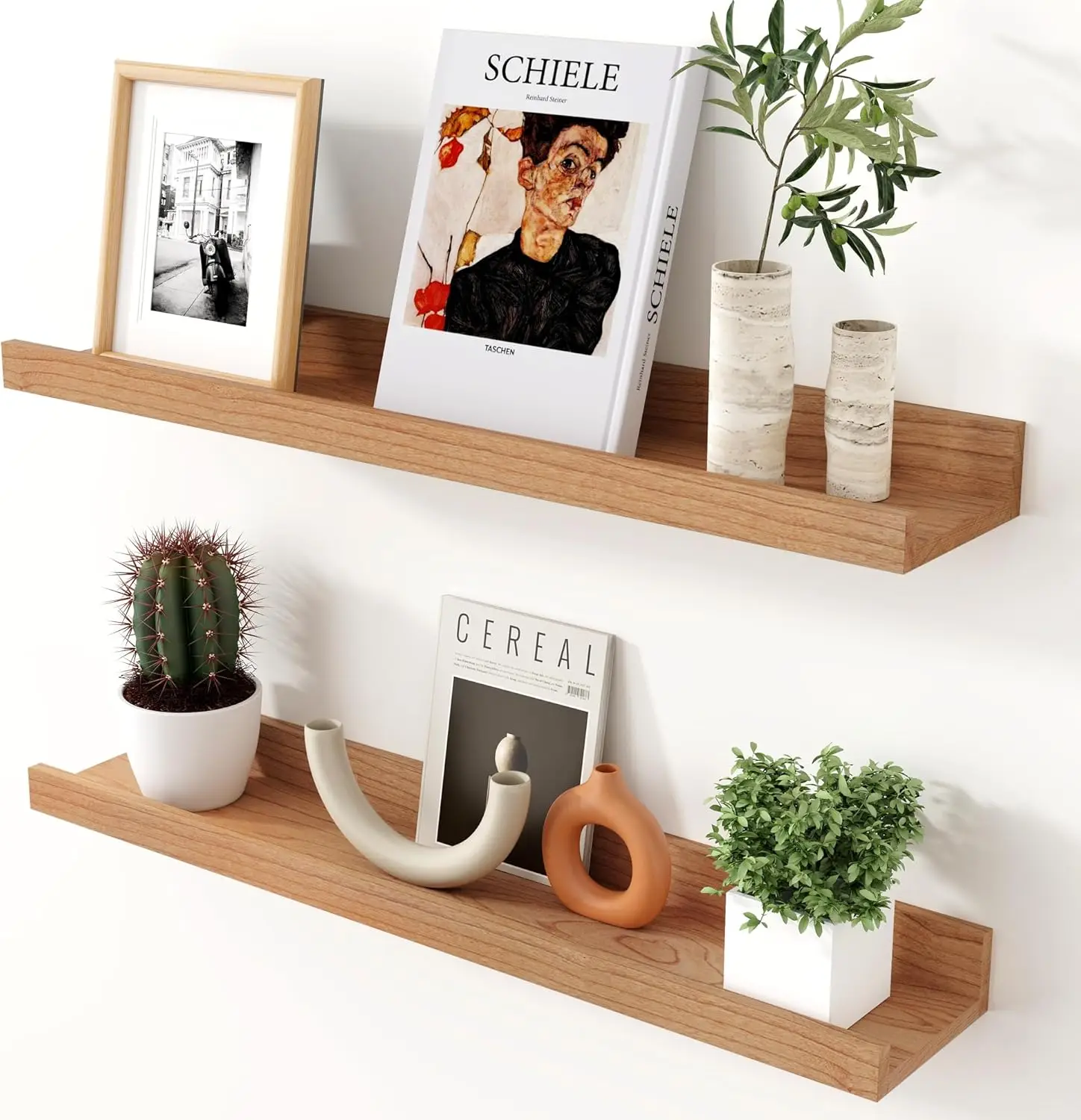 

Cherry Picture Ledge Shelf, 24 Inch Floating Shelves Set of 2, Solid Wood Wall Shelves with Lip, Wall Decor Storage for