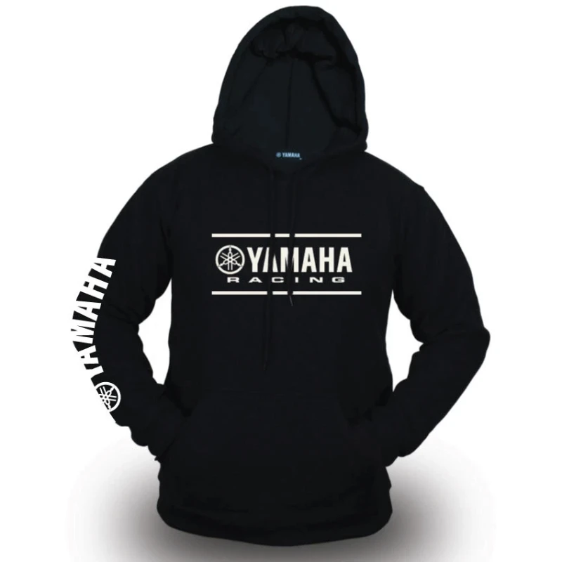 Męska bluza z kapturem YAMAHA RACING, czarna, bawełniana, z długim rękawem, wkładana przez głowę, z białym nadrukiem logo, odzież motocyklowa dla fanów marki.