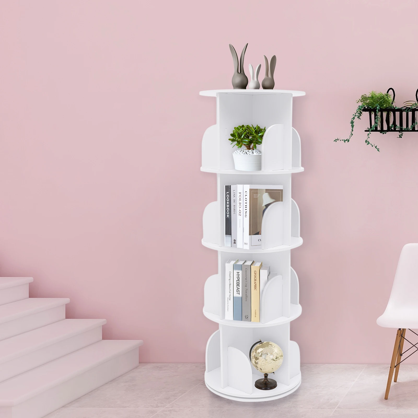 

4-Layer Rotating Bookshelf Children's Picture Book Rack Simple Floor Type Creative Storage Cabinet Living Room Furniture