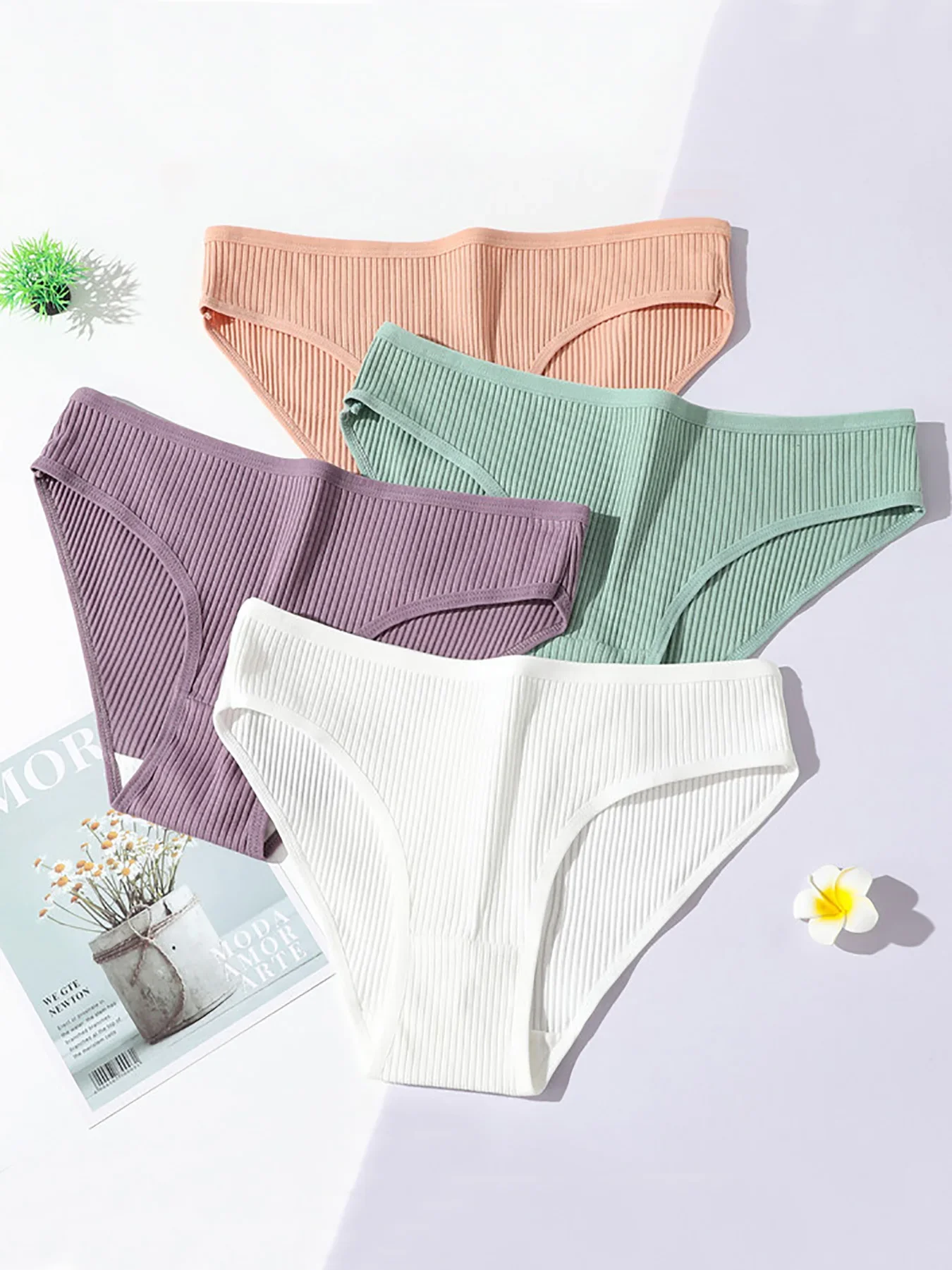 4 PCS Women's Underwear - Comfortable, Breathable, Solid Color, Ribbed Women's Thong Panties, Cotton Fabric, Underwear Set
