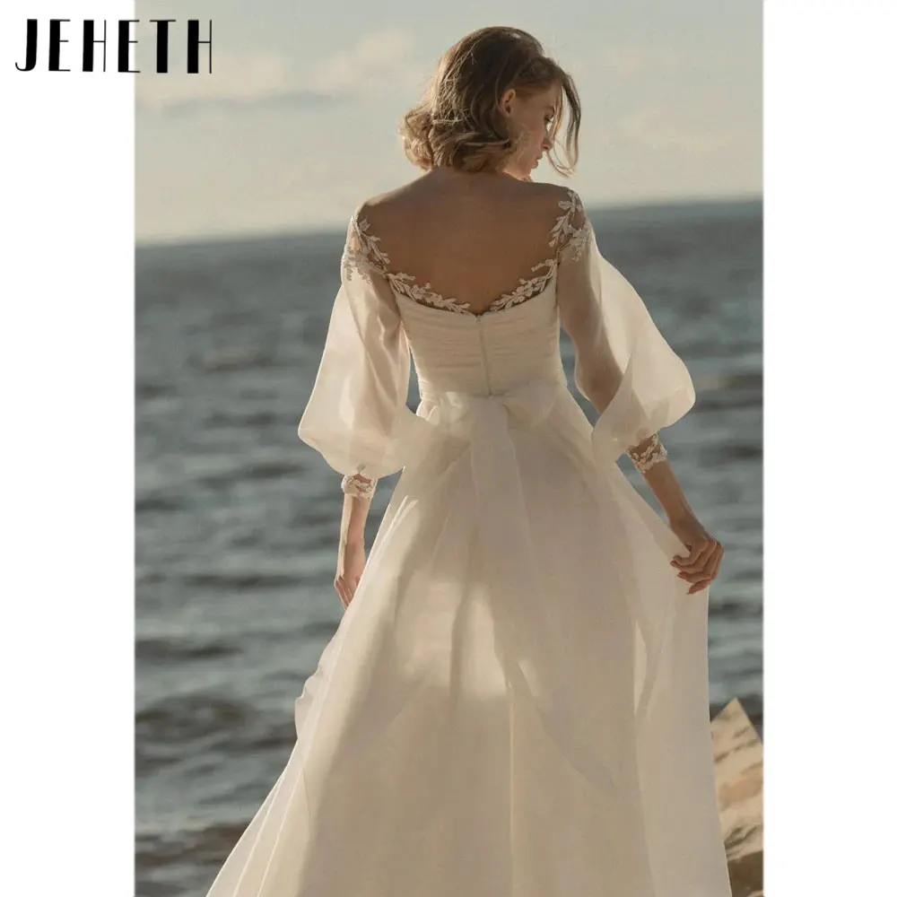 JEHETH Puff Sleeves Appliques Wedding Dresses O-Neck A-Line Tulle Bridal Gowns Backless Bow  vestidos de fiesta 2024 Custom Made