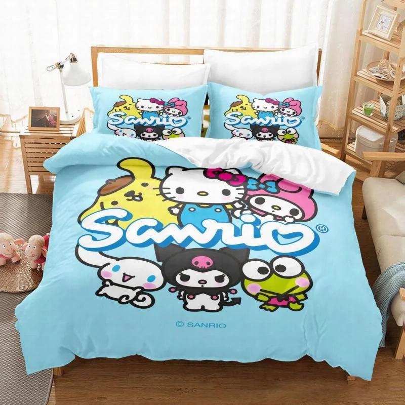 2 Pcs 135X200Cm Sanrios Kawaii Hello Kittys Bed Linings Suit Kuromi Cinnamoroll Melody Girls 3D Cartoon Anime Quilt Pillow Cover