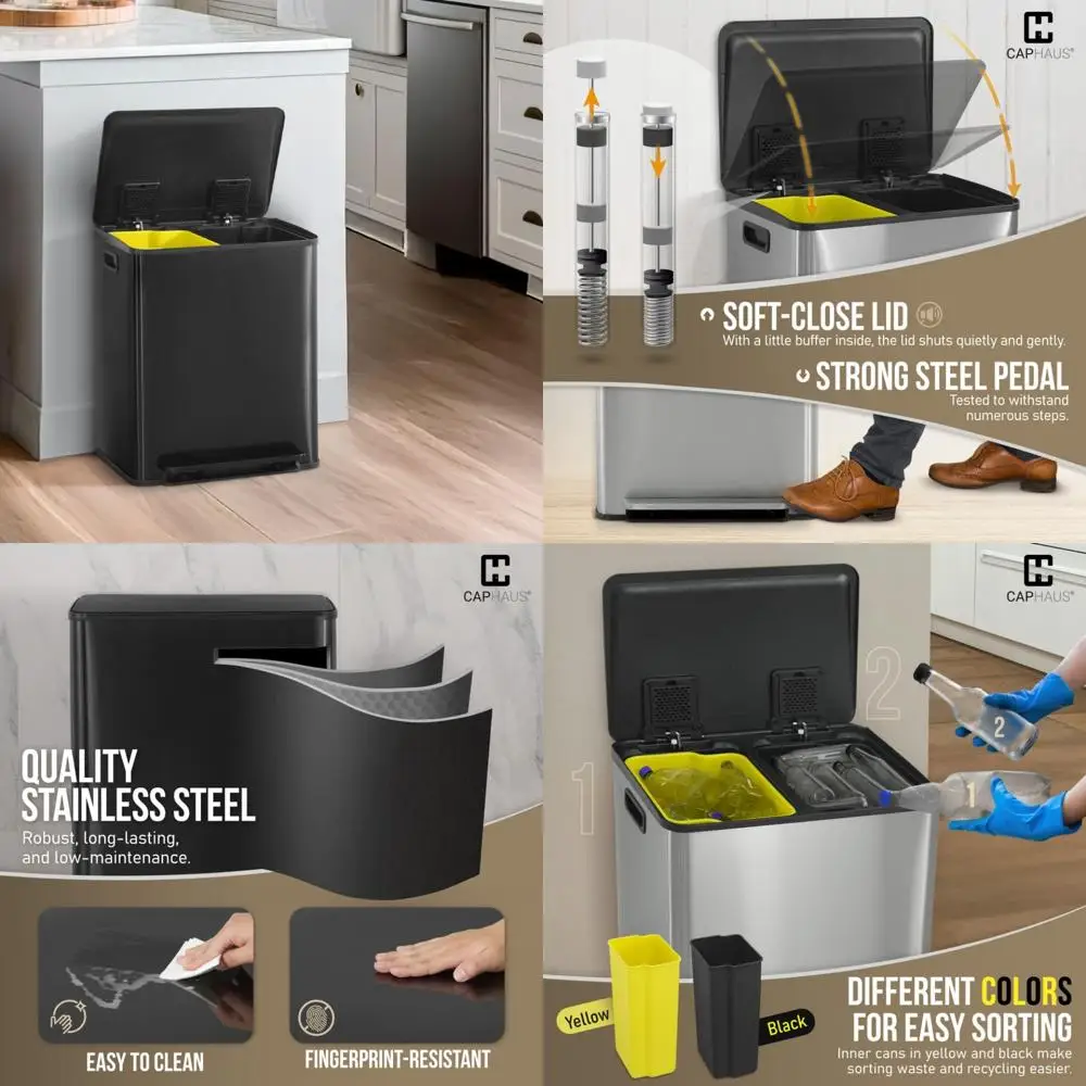 

Hands-Free Dual Stainless Steel Trash Can Combo with Single Lid for Kitchen, Waste and Recycling Bins