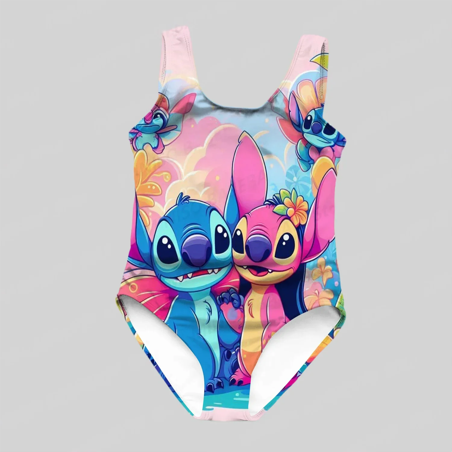 MINISO Disney Girls and Women Swimwear Cartoon Print Swimsuit Blue Pink Stitch Love Kids and Adult Fashion Summer New Arrival