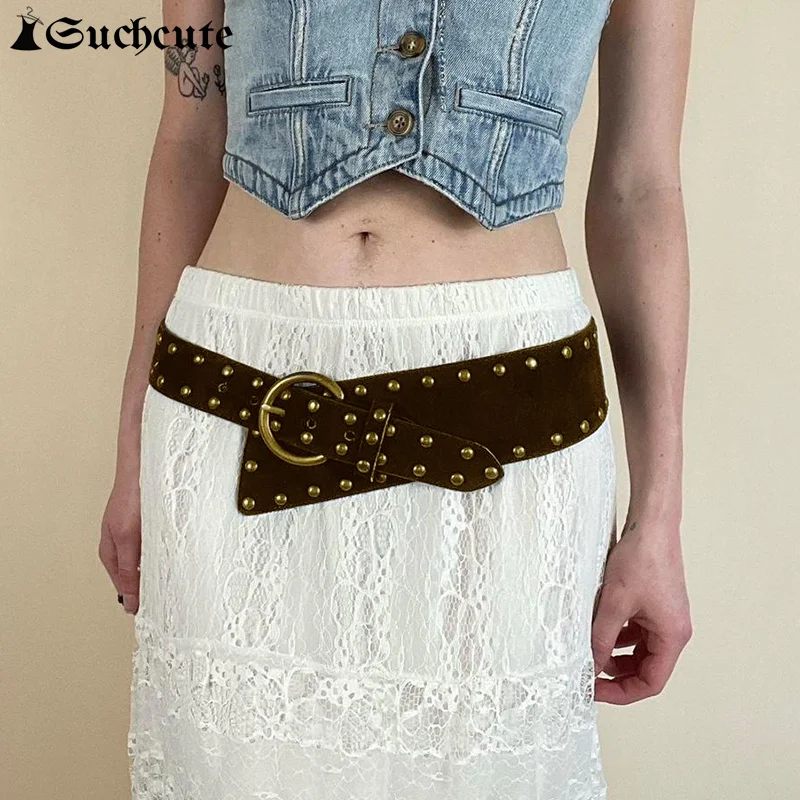 SUCHCUTE Rivet Boho Vintage Brown Belts for Women Fasion 2023 PU Leather Y2K Accessories Streetwear Gothic Punk Waistband Belts