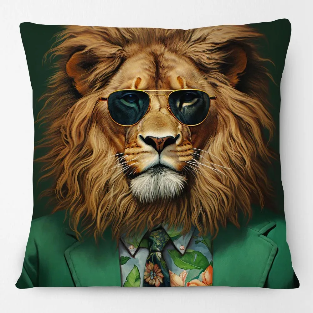 European Tiger with Glasses Lion Zebra Dog Fashion Animals Portrait Painting Cushion Cover Modern Pillowcase