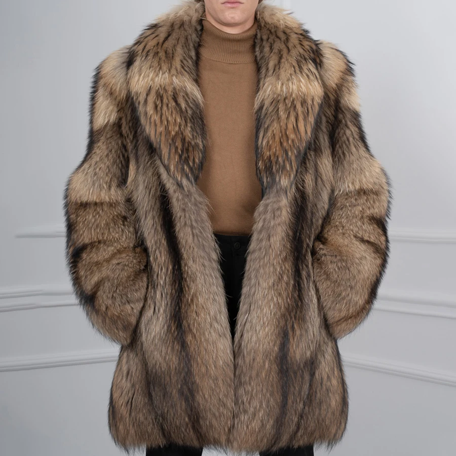 Real Raccoon Fur Coat Shawl Collar Full Skin Raccoon Fur Coat Long Men's Natural Fur Jacket High Quality Luxury Winter Jacket