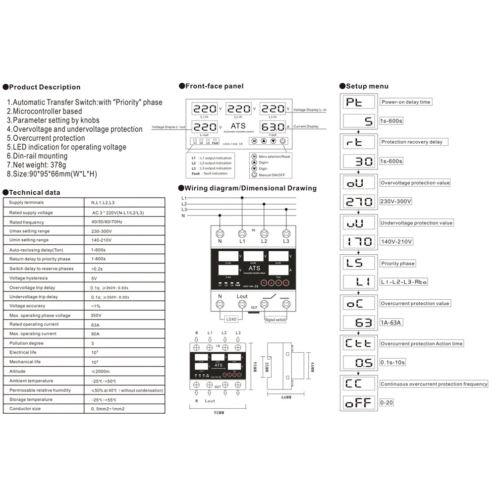 

Automatic Transfer 90*95*66 Mm Automatic Power Switch 63A Rated Current Adjustable Parameters Over Current Safety For Generator
