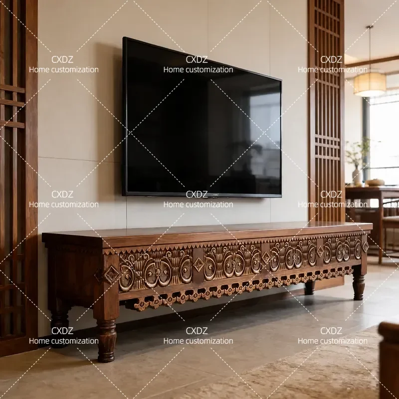 Solid Wood TV Cabinet Floor Standing Audio Visual Console Low Media Unit with Engraved Old Elm Design for Living Room Storage