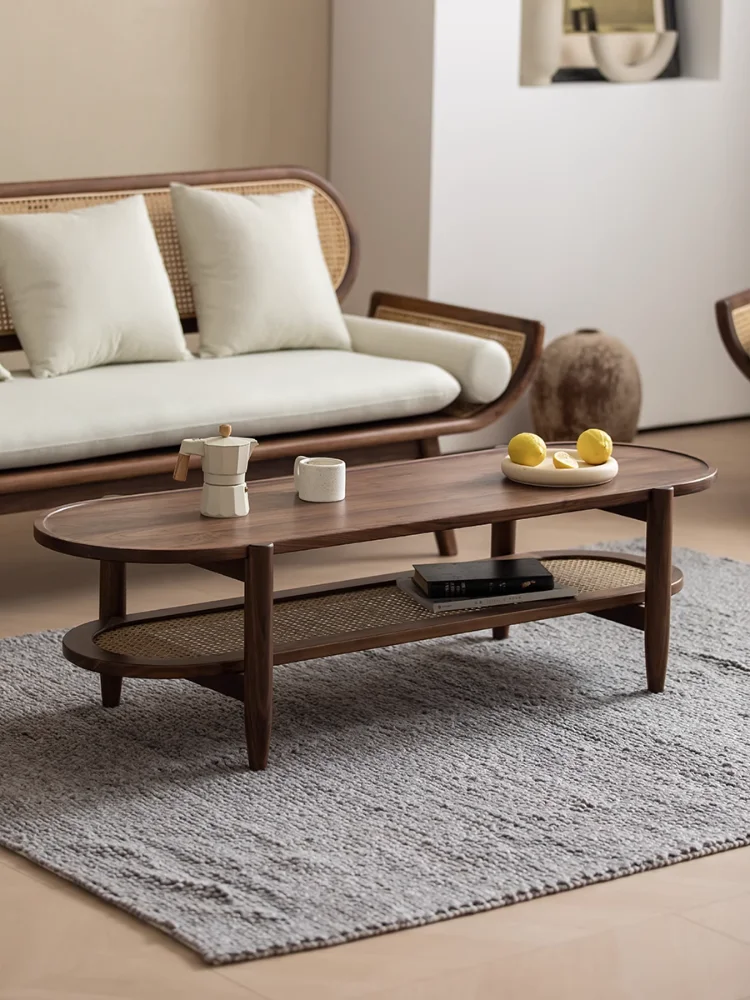 Black Walnut Rattan Tea Table Cherrywood Nordic Retro Simple Double Layer Tea Table furniture living room coffee table