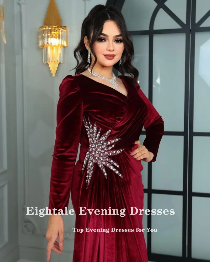 Eightale Velvet Evening Dress for Wedding Party Long Sleeves Customized Simple Mermaid Arabic Prom Gowns with Detachable Skirt