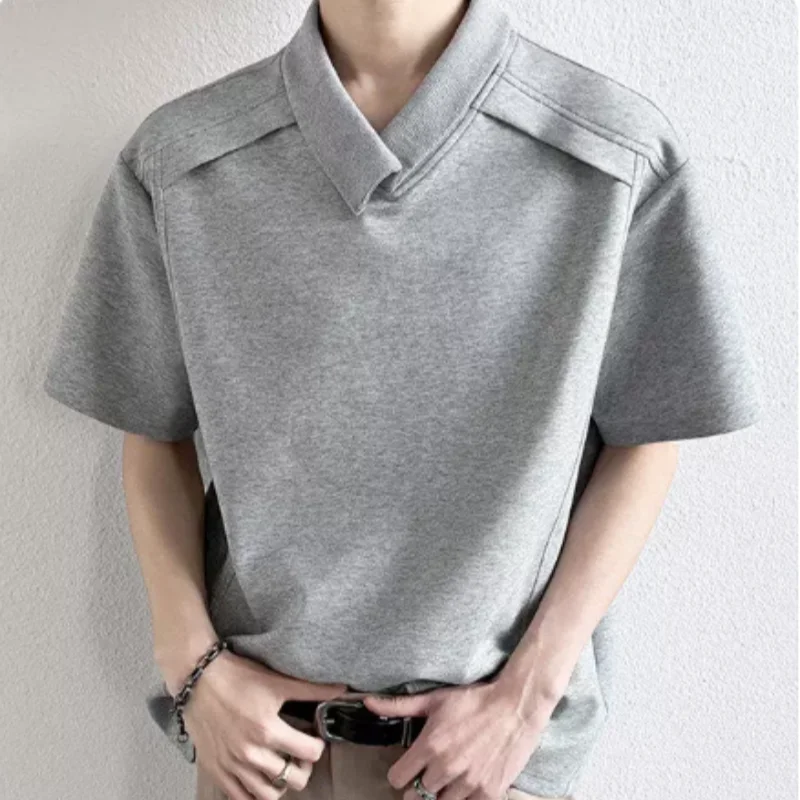 American Style Deconstructed Patchwork V-Neck Short-Sleeved T-Shirt for Men, Summer Trendy Brand, Mamba Cotton, Loose Fit, Large