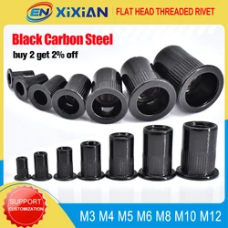 M3 M4 M5 M6 M8 M10 M12 Flat Rivet Nut Black Carbon Steel Flat Head Threaded Rivet Insert Nutsert Cap Rivets Nuts 1pcs-50pcs