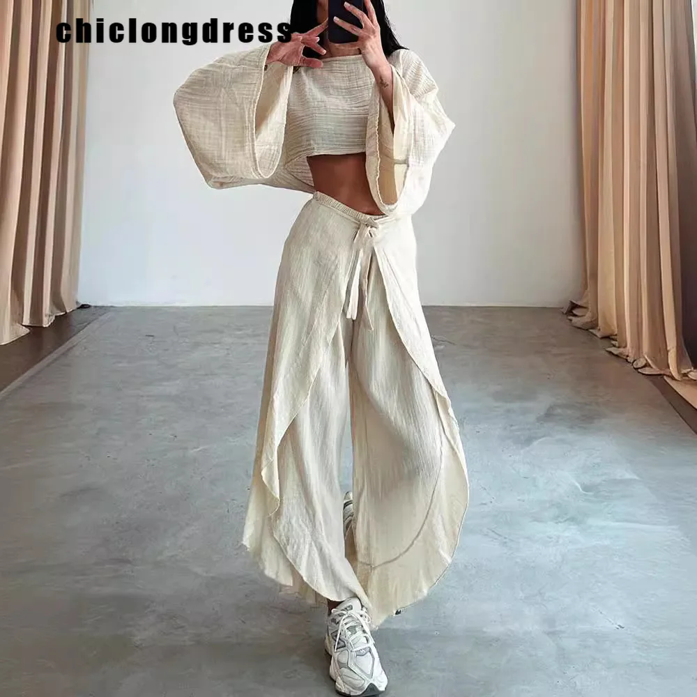 

Summer Fashion Vacation Style Two piece Set Women Casual Solid Flare Sleeve Top Split Wide Leg Pants Two piece Set Women