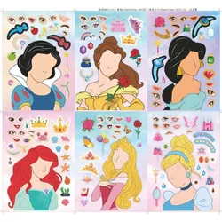 6 Sheets Disney Princess Kids DIY Puzzle Stickers Princess Face Funny Cartoon Assembly Stickers Kids Stickers Boys Girls Gifts