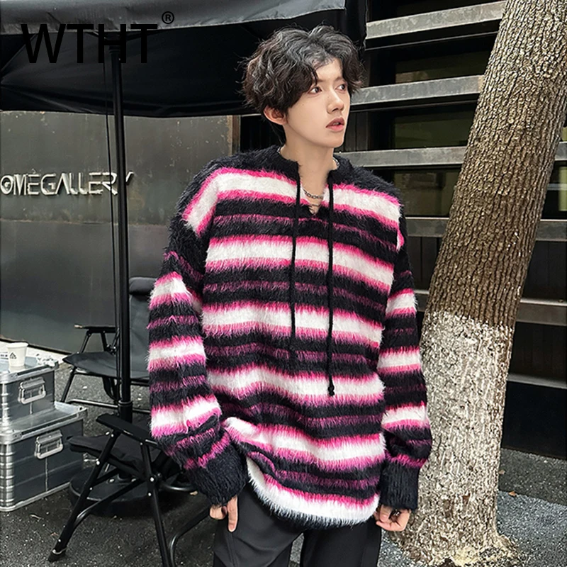 WTHT Trendy 2026 Spring Men's Striped Contrast Color Knit Sweater Fashion V-neck Long Sleeves Casual Pullover Male 2A2775