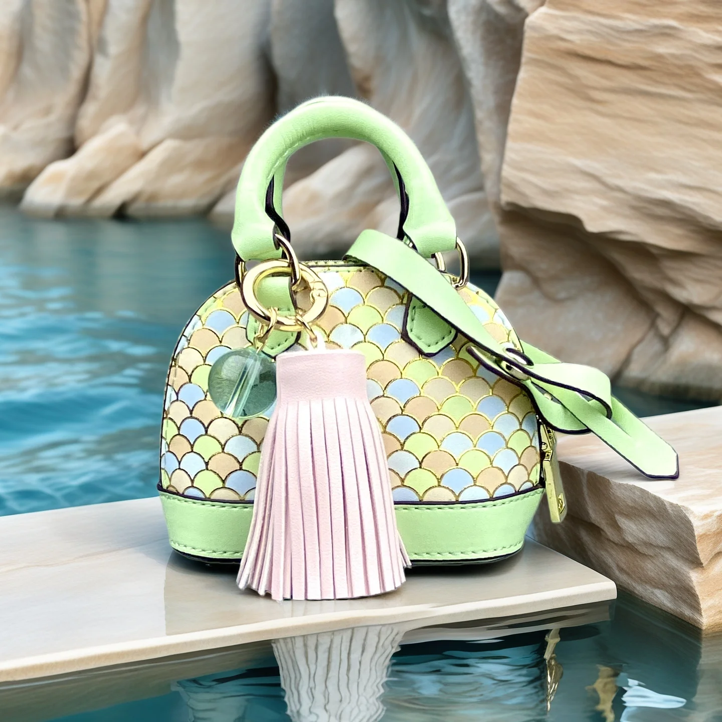 

Мини-сумочка «Русалочья ракушка» / Кожаный чехол для наушников и кошелек для монет с кристаллами, бахромой и ремешком для ношения через плечо или в качестве украшения для сумки