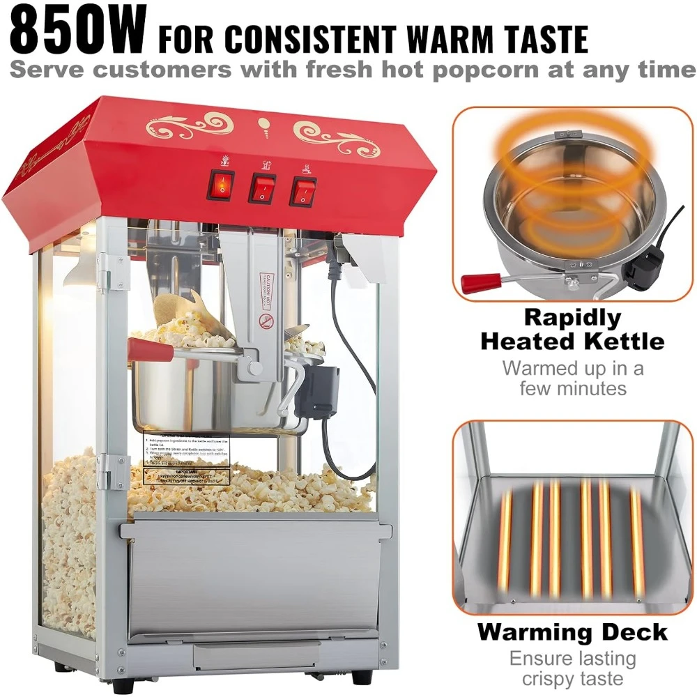 Popcorn Machine, 8 Oz Kettle for 48 Cups per Batch, 3-Switch Control Steel Frame Tempered Glass Doors 2 Scoops 2 Spoons, Red