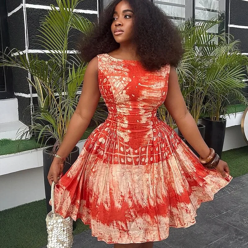 

Women's O-Neck Sleeveless Waistband Pleated A-Line Mini Dress