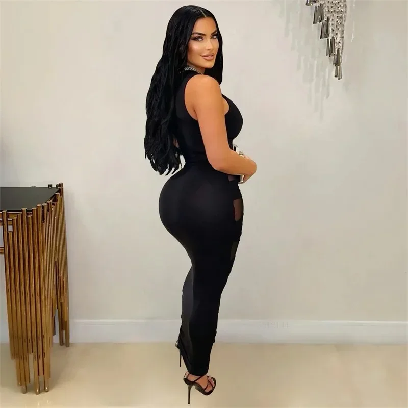 Doyerl المرأة Y2K شبكة سوداء شفافة المرقعة Bodycon فستان ماكسي مثير ضمادة فستان طويل لحفلة عيد ميلاد النادي الليلي