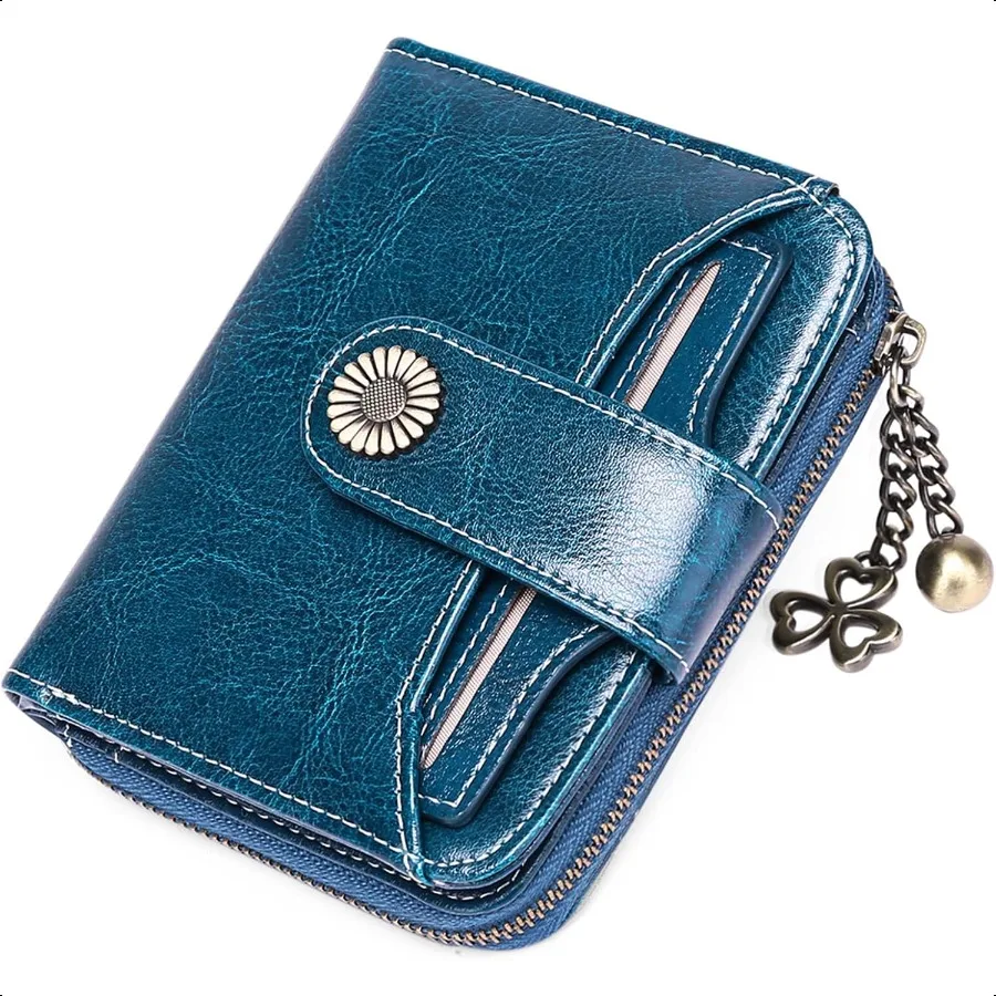 

Wallet for Women Leather Small RFID Blocking Bifold Zipper Pocket Card Holder with ID Window Peacock Blue