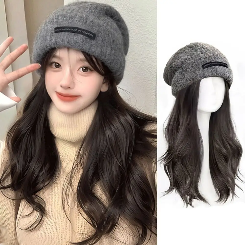 Autumn Winter Long Wavy Hair Beanie Hat With Wig Attached Wig Casual Wig Knitted Cap Warm Hair Wig Winter Hats Women