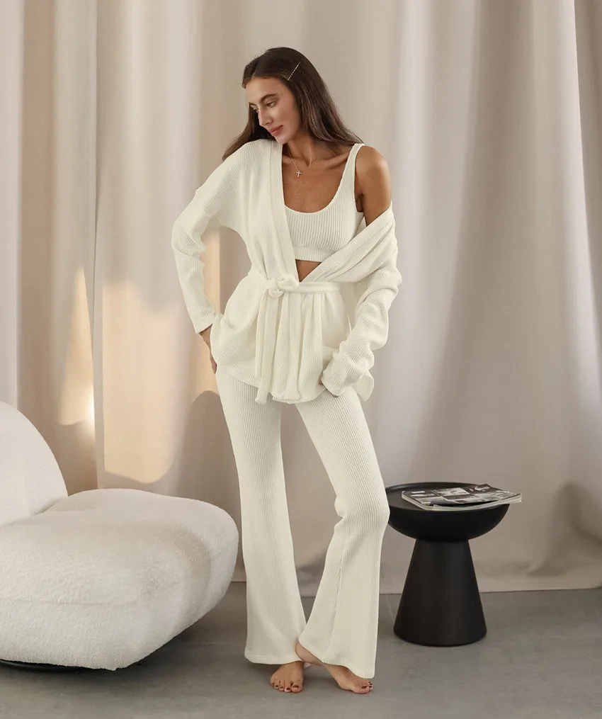 NHKDSASA Autumn 3 Piece Set Long Sleeve Womens Sleepwear New Breathable O-neck Womens Lounge Wear