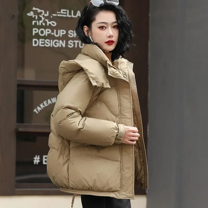 2025 New Winter Jacket Women Warm Parkas Long Sleeve Tops Casual Cotton Padded Jackets Black Brown Detachable Cap Hooded Outwear