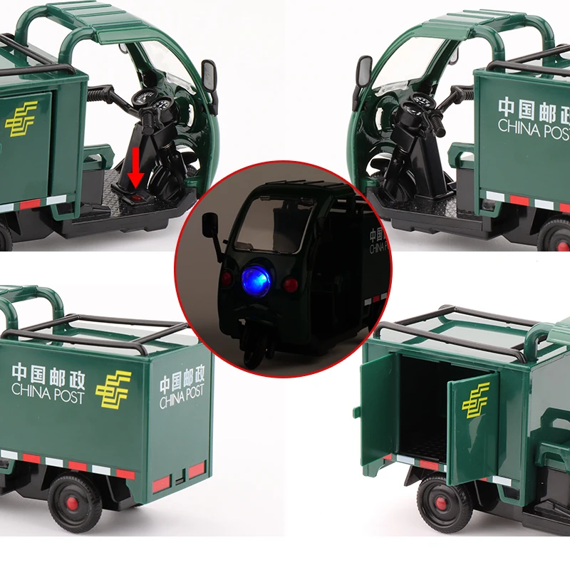 1/24 Express Transport tricycle Alloy Car Model City Post Tricycle Diecast Metal Simulation Toy Tricycle Model Childrens Gift