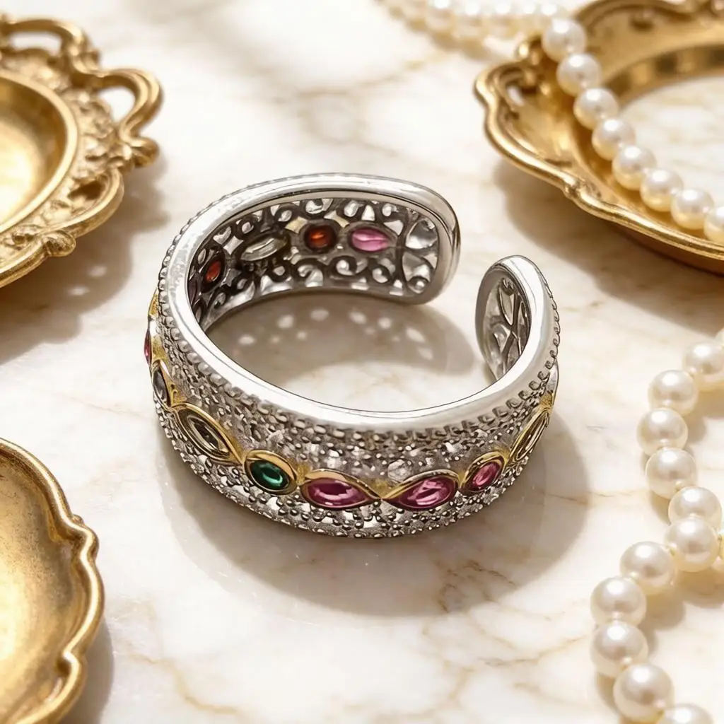 Vintage 925 Sterling Silver Lace Colorful Crystal Zircon Open Resizable Rings for Women Girls Anniversary Party Jewelry Gifta