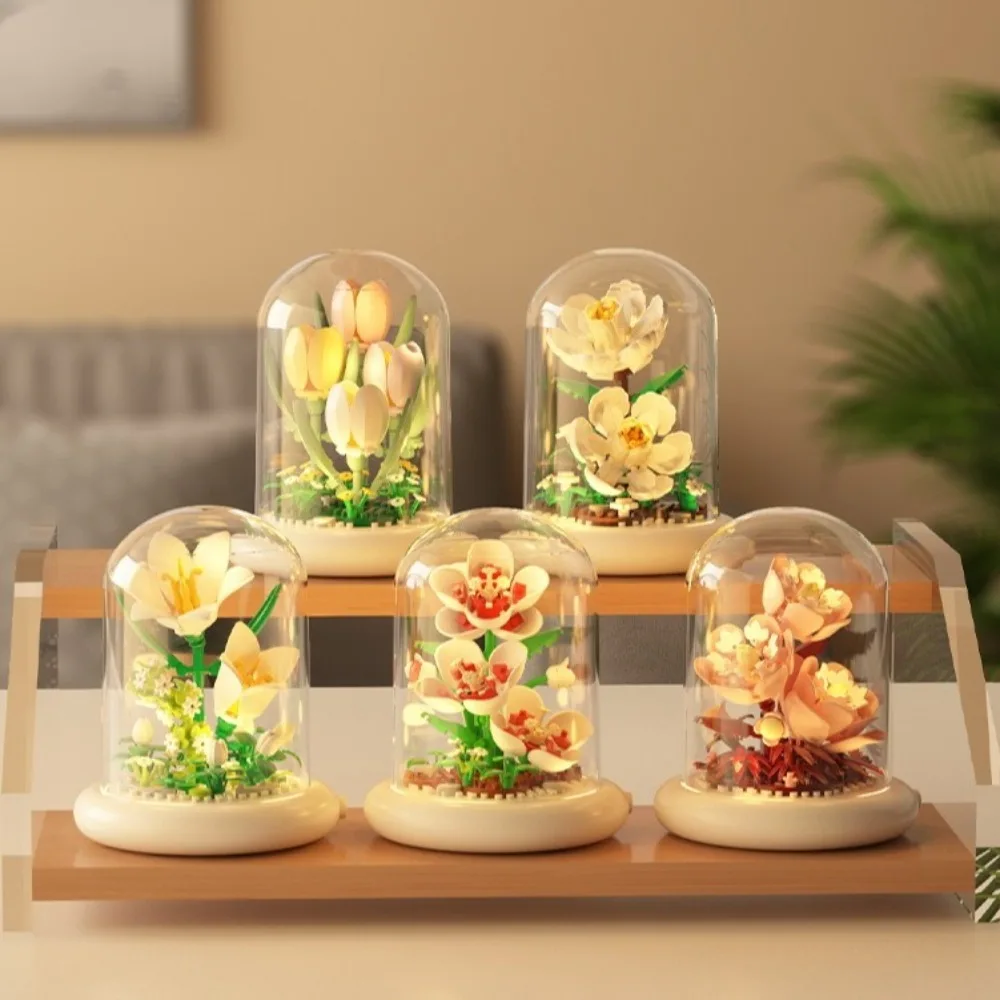 

Flower Bouquet Building Blocks with Dust Cover Battery Powered Building Toys Lighted Base Plastic Plant Bonsai Desktop Ornaments