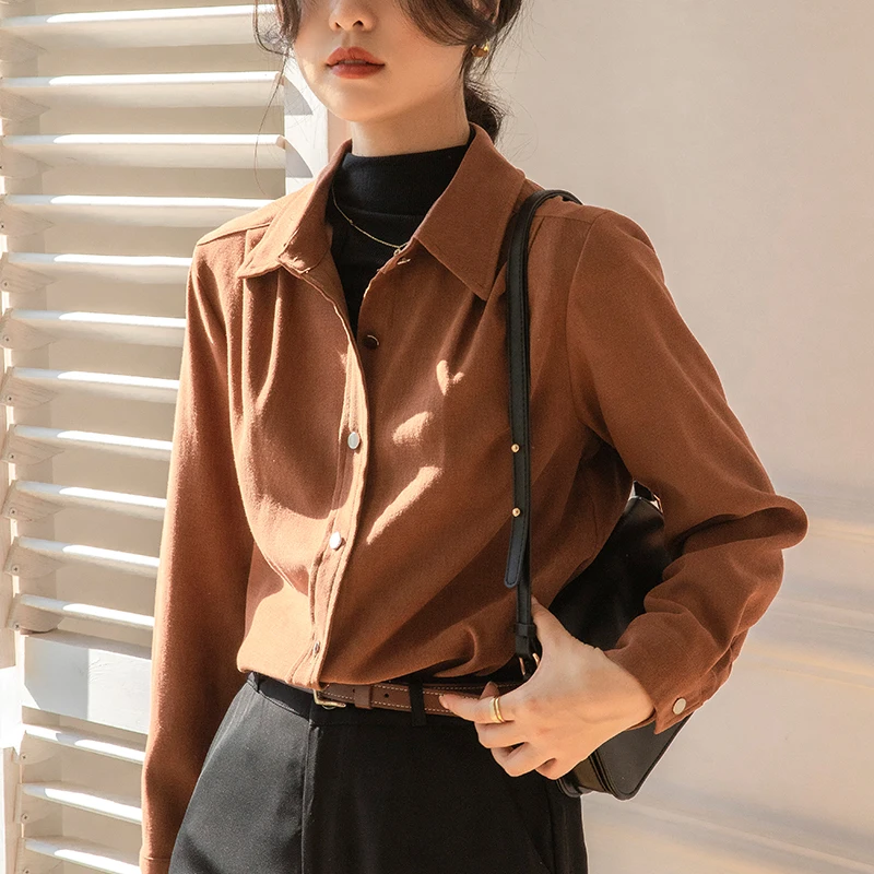 Women Elegant Blouse Casual Solid Solor Tops Long Sleeve Loose Fit Shirt With Button Business Warm Clothes Blusas Winter