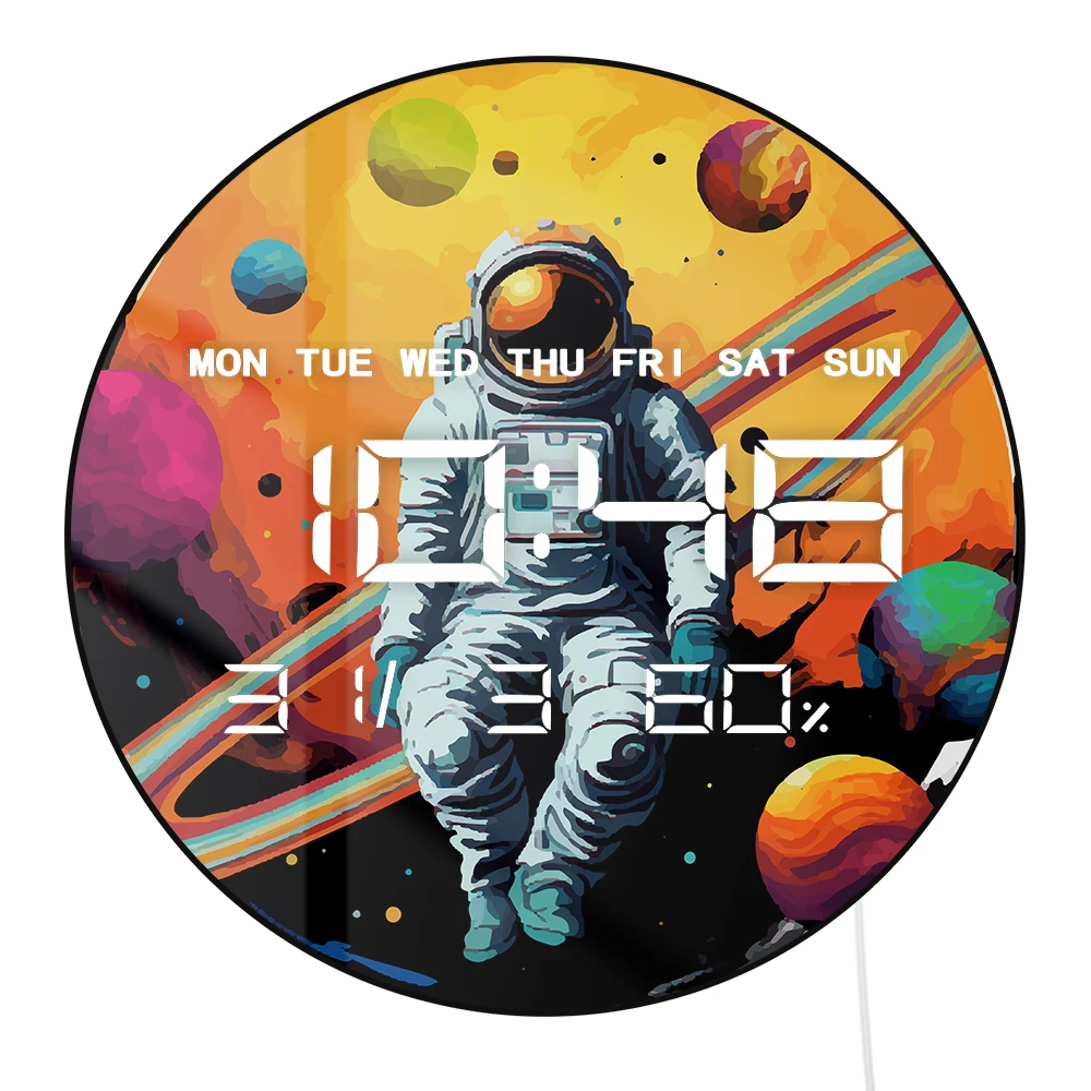 Astronaut Space Galaxy Electronic Wall Clock with LED Auto Dimming Digital Timer Date Temperature Humidity Calendar Big Display