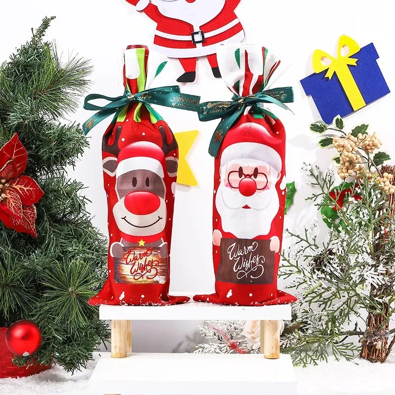 Red Christmas Wine Bottle Cover Cartoon Santa Claus Snowman Elk Xmas Ornaments Noel Merry Christma Dinner Table Decor Natal 2024