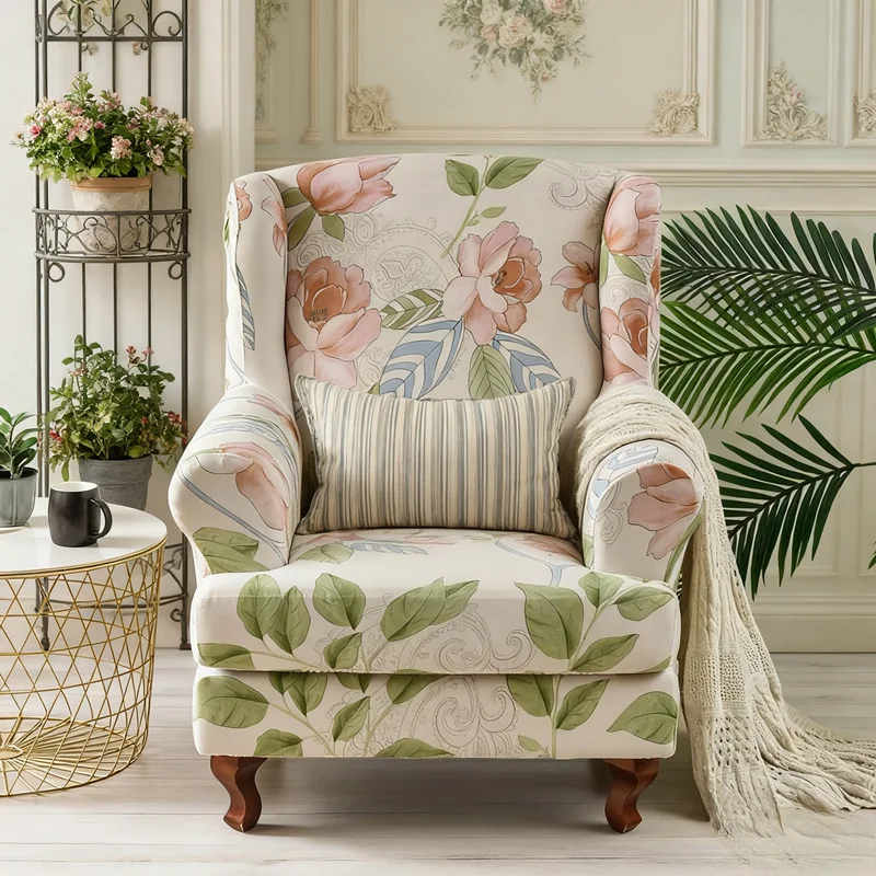 Floral Printed Wing Chair Cover Stretch Spandex Armchair Cover Relax Wingback Sofa Slipcovers Furniture Protector 소파 커버 Home