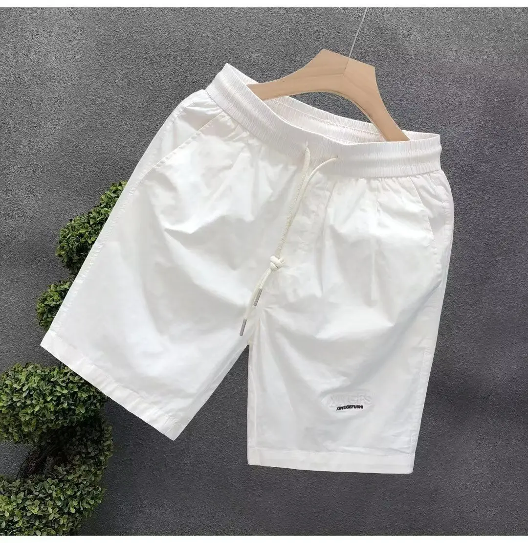 Men's Clothing Simple Embroidery White Shorts Summer Lightweight Outerwear Beach Mid-Length Pants Loose Fit Casual Comfortable
