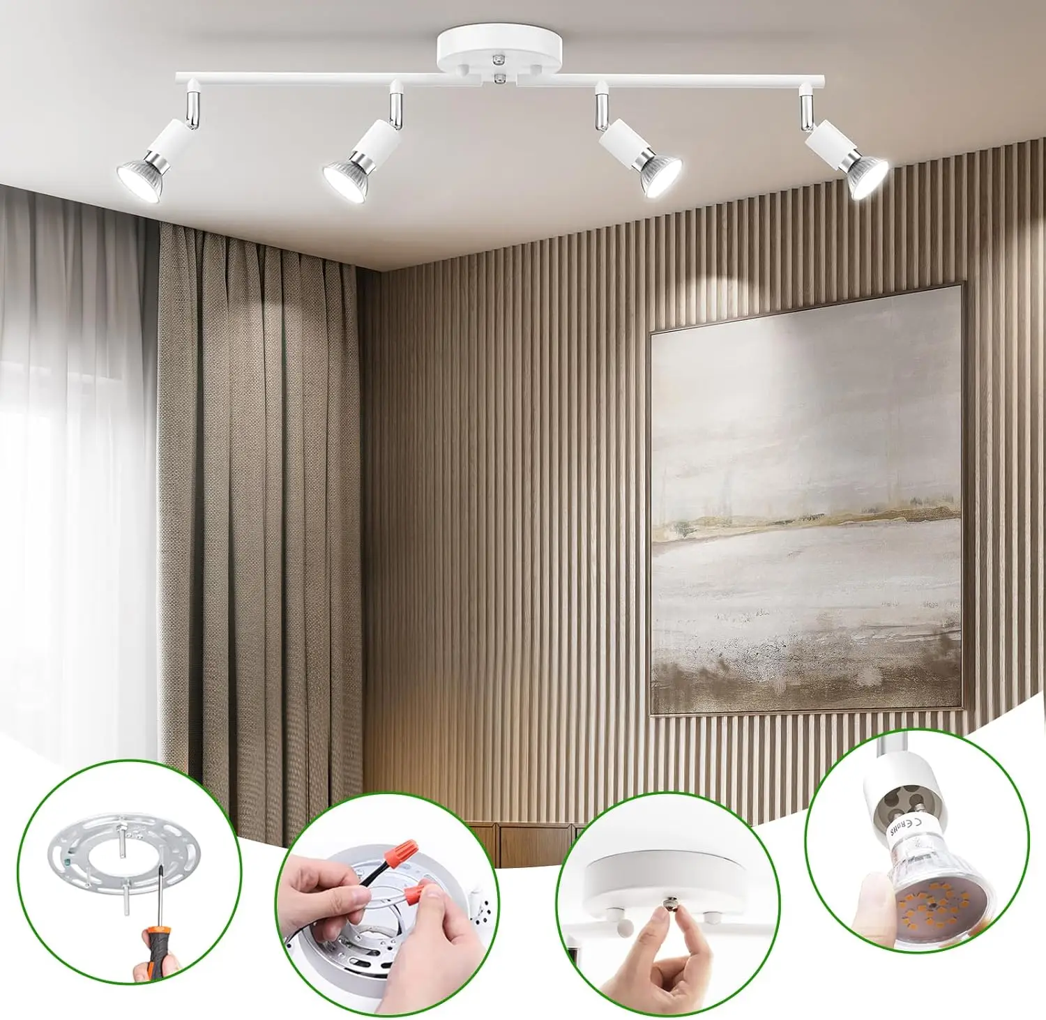 طقم إضاءة المسار، إضاءة سقف بيضاء حديثة مع رؤوس إضاءة قابلة للدوران بمرونة للغرفة/الممر/المطبخ