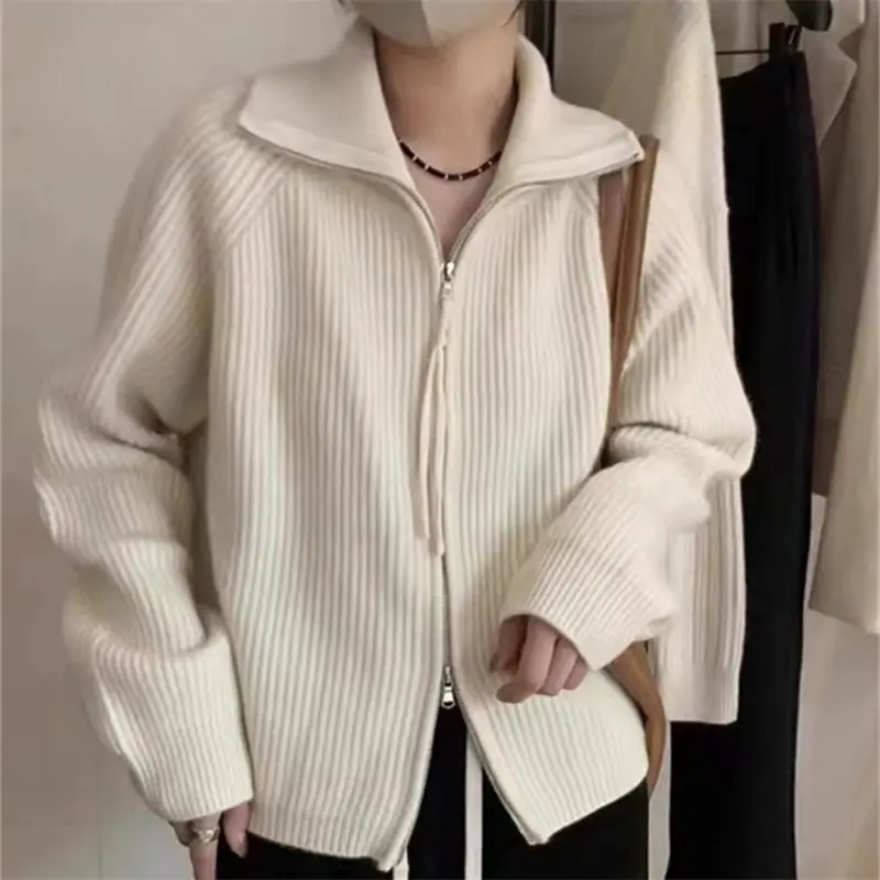 Trendy Korean High Collar Autumn Winter Lazy Sweater Women Suit Autumn Winter Y2K Korean Loose Cardigan Solid Color Lapel Jacket