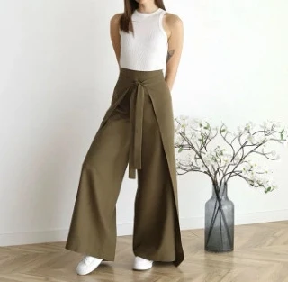 Summer New Wide Leg Skirt Pants with Solid Color Niche Design, Fashionable Tie Up Waist Wide Leg Skirt Pants for Women