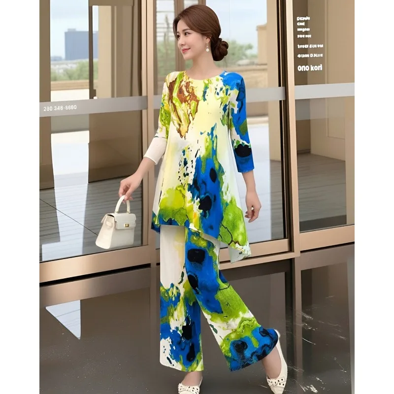 

Miyake Pleated Printed Casual Pants Set Plisse Women 2026 Spring/Summer High-End Pleats Loose Top+Wide-Leg Pants 2-Piece Set
