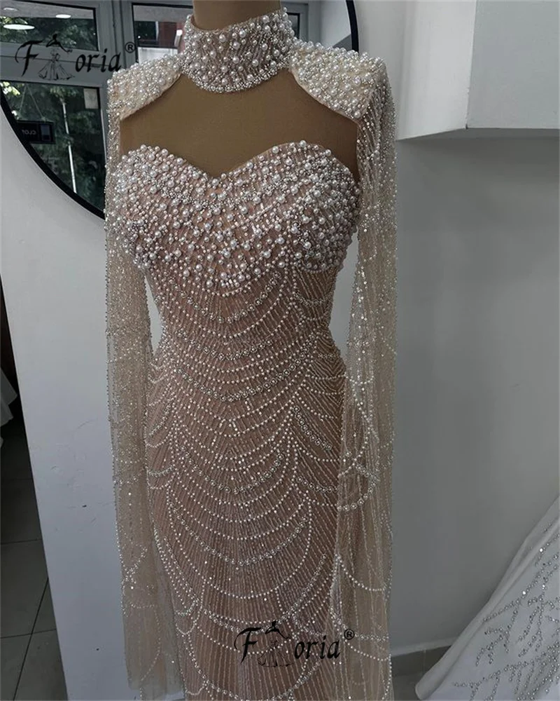 Dubai vestidos de noite rosa para mulheres, capa longa, manga, pérolas, vestido de casamento, designer mais novo