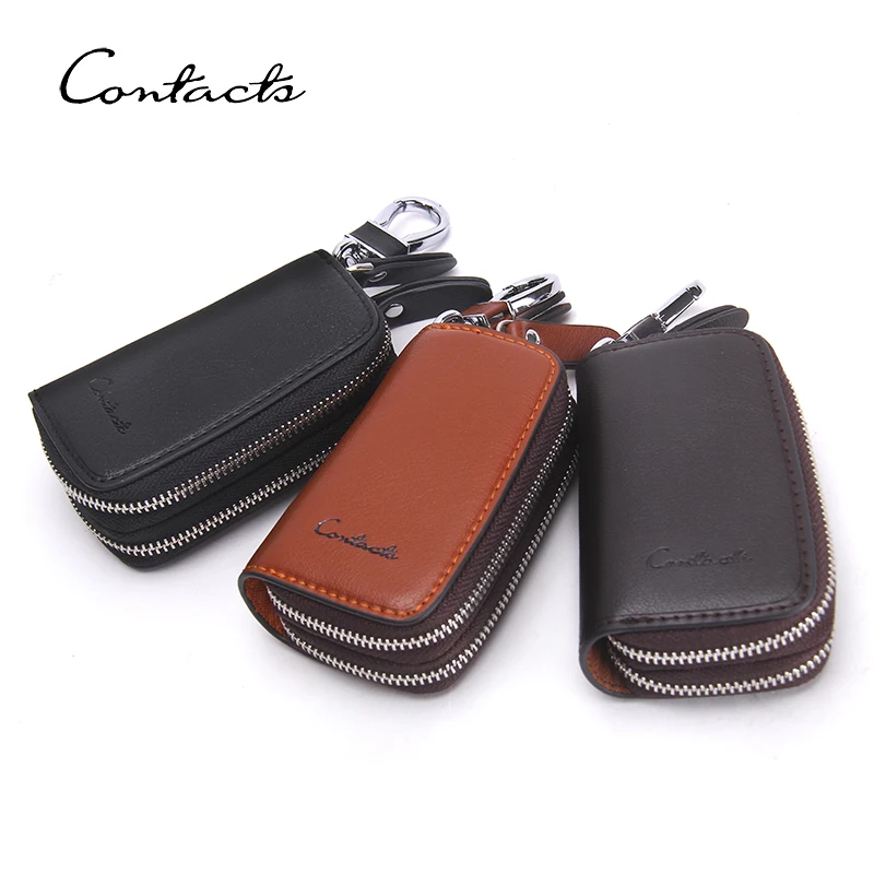 

CONTACT'S Genuine Leather Key Wallets For Men Car Key Holder High Class Motor Key Case Double Zippers Men's Key Purse Men Gift