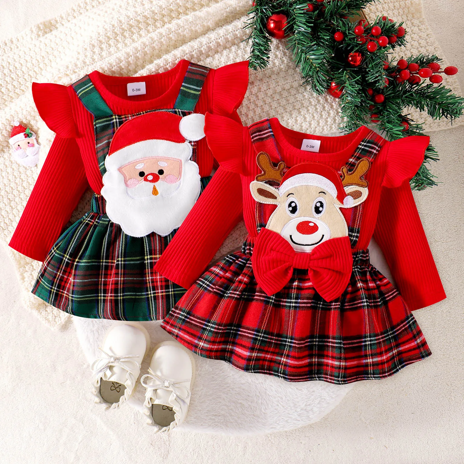 Winter Christmas Newborn Baby Girls Rompers Deer Embroidery Plaid Print Long Sleeve Crew Neck Ruffles Jumpsuits Xmas Gift Outfis