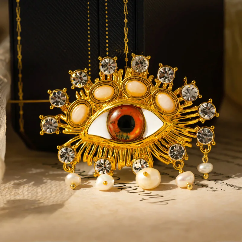 Europe Vintage Colored Crystal Pearl Eye Brooch Woman Luxury Jewelry Trend