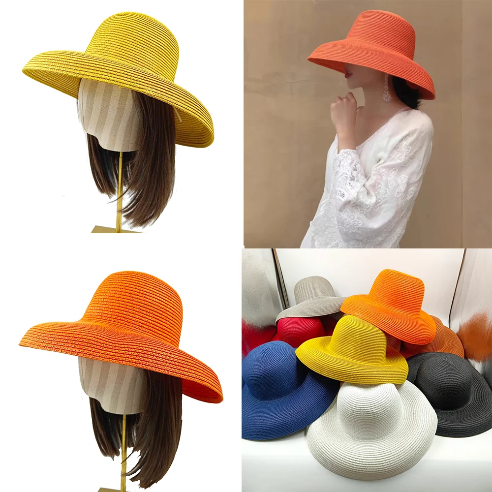 Orange hat 2023 new Hepburn style women\'s sun hat foldable beach hat big brim travel sunscreen sun hat  шляпа соломенная