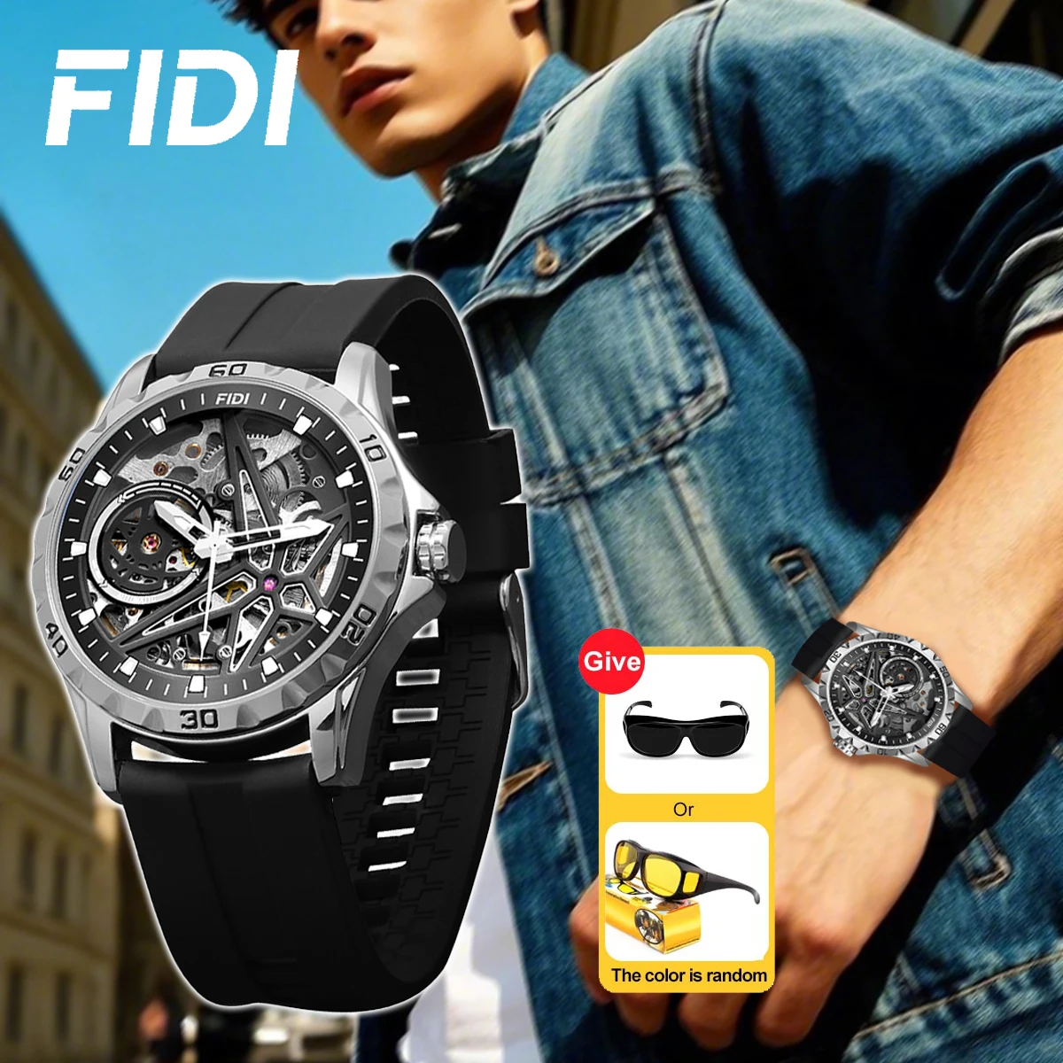 

FIDI Men's Luxury Mechanical Automatic Luminous Silicone Strap Watch, Fashionable Hollow Dial, 100m Waterproof watches FD103