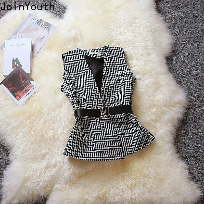 3 Piece Sets Womens Outfits Roupas Femme Tunic Black Tops Sleeve Plaid Vest Knitted Hiigh Waist Bodycon Skirt Suit Vintage Set